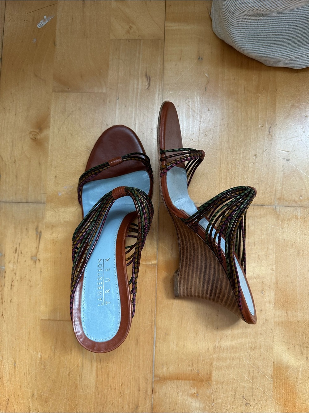 Woven Multi-Color Strap Wedge Mules in Brown